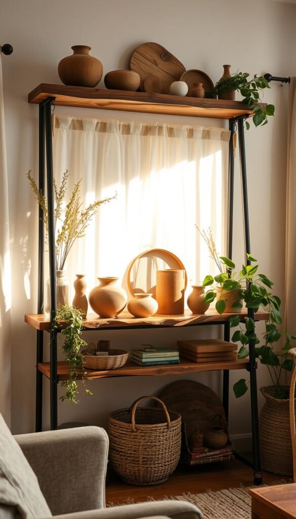 A rustic wooden shelf adorned with natural decor elements, casting warm, soft lighting in a cozy living room setting. The shelf features varying textures and tones of wood, complemented by earthy ceramics, lush greenery, and a few treasured trinkets. Sunlight filters through sheer curtains, creating a gentle, inviting ambiance. The arrangement feels effortless and harmonious, reflecting the section's theme of adding natural, wooden accents to infuse a space with comforting warmth. A rustic wooden shelf adorned with natural decor elements, casting warm, soft lighting in a cozy living room setting. The shelf features varying textures and tones of wood, complemented by earthy ceramics, lush greenery, and a few treasured trinkets. Sunlight filters through sheer curtains, creating a gentle, inviting ambiance. The arrangement feels effortless and harmonious, reflecting the section's theme of adding natural, wooden accents to infuse a space with comforting warmth.
