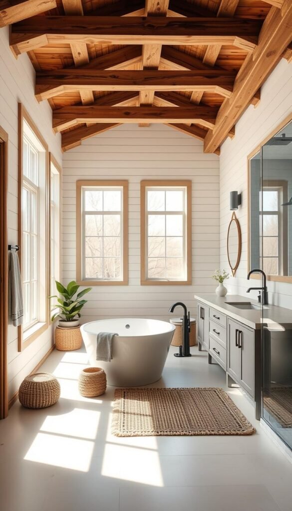 A serene and inviting modern farmhouse bathroom, bathed in natural light filtering through large windows. Rustic wooden beams and shiplap walls blend seamlessly with sleek, contemporary fixtures - a freestanding tub, a spacious vanity with a stone countertop, and a walk-in shower with minimalist tiling. Subtle earth-toned accents, such as a woven rug and potted plants, add warmth and texture. The soft, even lighting creates a calming atmosphere, while the overall design effortlessly combines the charm of a farmhouse aesthetic with the sophistication of modern style. A serene and inviting modern farmhouse bathroom, bathed in natural light filtering through large windows. Rustic wooden beams and shiplap walls blend seamlessly with sleek, contemporary fixtures - a freestanding tub, a spacious vanity with a stone countertop, and a walk-in shower with minimalist tiling. Subtle earth-toned accents, such as a woven rug and potted plants, add warmth and texture. The soft, even lighting creates a calming atmosphere, while the overall design effortlessly combines the charm of a farmhouse aesthetic with the sophistication of modern style.