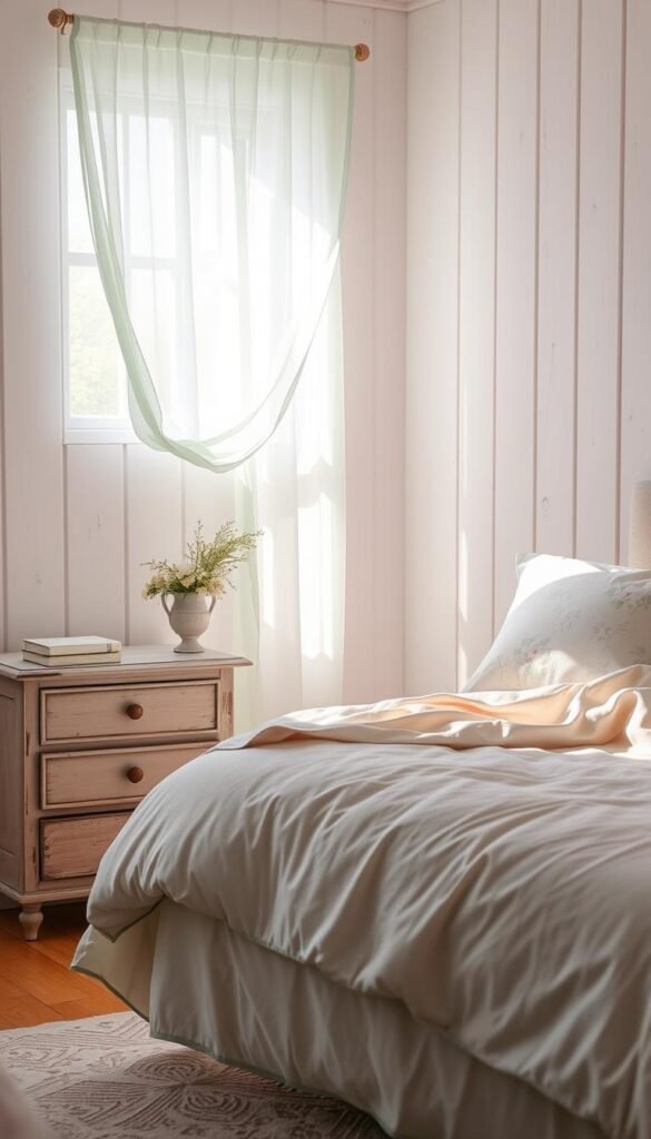 A serene bedroom bathed in soft, muted pastel hues. In the foreground, a plush bed adorned with delicate floral bedding in shades of pale pink, lavender, and mint. A distressed vintage nightstand sits beside it, its weathered wood tone complementing the pastel palette. In the middle ground, a sheer, gauzy curtain in a pale seafoam green sways gently, filtering the warm, natural light. The background features whitewashed wood paneling, creating a sense of rustic charm. Subtle shadows and highlights add depth and dimensionality, while the overall atmosphere evokes a calming, dreamy ambiance, perfect for a cozy, shabby chic retreat.