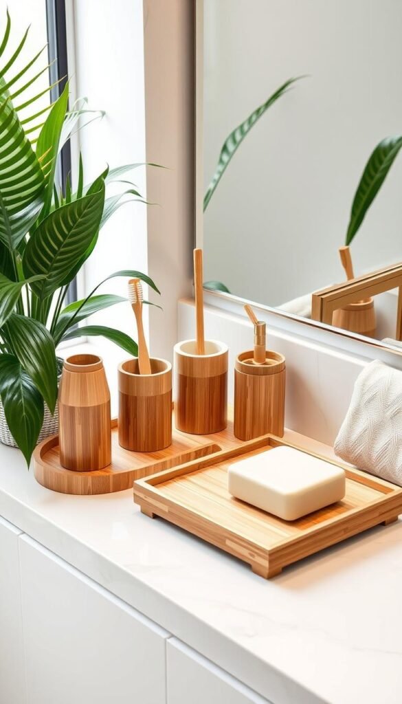 A set of bamboo bathroom accessories, including a toothbrush holder, soap dish, and tray, arranged on a bathroom counter with plants and natural textiles. A set of bamboo bathroom accessories, including a toothbrush holder, soap dish, and tray, arranged on a bathroom counter with plants and natural textiles.