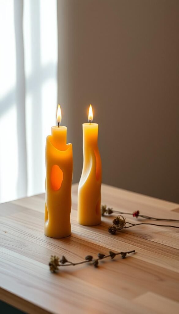 A set of three handcrafted taper candles, sculpted from beeswax in organic, asymmetric shapes. Soft, warm lighting illuminates the candles from within, casting flickering shadows across a wooden tabletop. The candles are arranged in a minimalist, intentional display, complemented by a sparse arrangement of natural elements such as dried flowers or leaves. The overall mood is one of simple elegance and understated beauty, evoking a sense of tranquility and mindful presence.