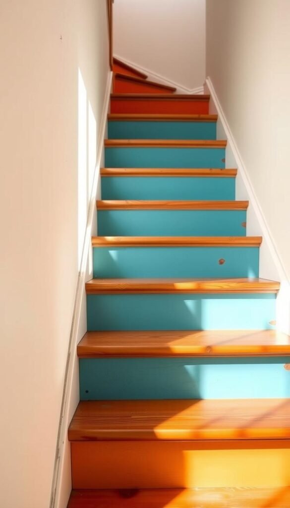 A set of wooden stair risers, freshly painted in a bold, vibrant hue. The paint is still slightly wet, with visible brushstrokes adding texture and character. The stairs are bathed in soft, diffused natural light, creating a warm, inviting atmosphere. The risers stand out against a plain, neutral-colored wall, drawing the eye and creating a striking visual statement. The angle captures the stairs from a low, slightly elevated perspective, showcasing the depth and dimension of the painted surfaces. The overall scene exudes a sense of DIY pride and a touch of rustic charm, perfectly suited for a home decor transformation project.