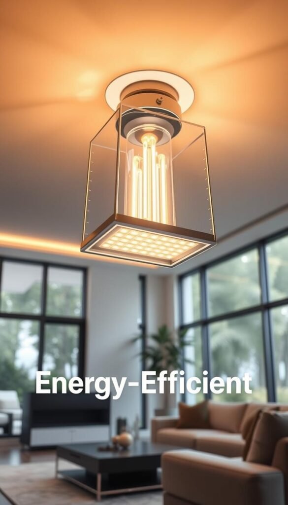 A sleek, energy-efficient LED light fixture illuminating a modern, minimalist living room. The soft, warm glow of the diodes casts a cozy ambiance across the space, with a minimalist metal frame and seamless glass casing. The lighting is recessed into the ceiling, creating a clean and unobtrusive look. The room is filled with natural light from large windows, providing a balanced and efficient lighting solution. The overall atmosphere is one of sophistication and sustainability, reflecting the "Energy-Efficient Lighting Solutions" theme.