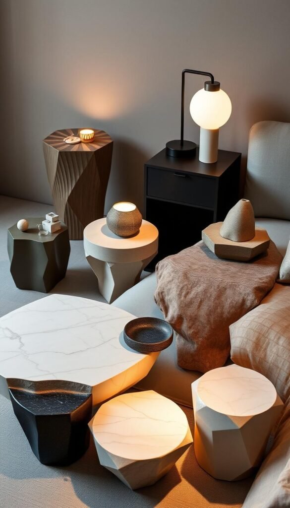 A sophisticated collection of unique and artistically designed bedside tables, showcasing a harmonious blend of materials, textures, and sculptural forms. The tables feature intricate geometric patterns, organic shapes, and unexpected details that elevate the bedroom's aesthetic. Soft, warm lighting illuminates the carefully curated surfaces, creating an inviting and serene atmosphere. The tables are positioned against a backdrop of muted, earthy tones, allowing their distinctive qualities to shine. The composition emphasizes the thoughtful placement and balance of these functional yet visually captivating pieces, inspiring a sense of refined elegance in the bedroom setting. A sophisticated collection of unique and artistically designed bedside tables, showcasing a harmonious blend of materials, textures, and sculptural forms. The tables feature intricate geometric patterns, organic shapes, and unexpected details that elevate the bedroom's aesthetic. Soft, warm lighting illuminates the carefully curated surfaces, creating an inviting and serene atmosphere. The tables are positioned against a backdrop of muted, earthy tones, allowing their distinctive qualities to shine. The composition emphasizes the thoughtful placement and balance of these functional yet visually captivating pieces, inspiring a sense of refined elegance in the bedroom setting.
