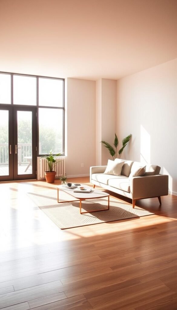 A spacious, minimalist living room with warm, natural lighting streaming through large windows. The room is uncluttered, with a few carefully curated decor pieces - a sleek, low-profile sofa, a geometric coffee table, and a potted plant. The walls are painted in a calming neutral tone, and the hardwood floors are clean and free of excess items. The overall atmosphere exudes a sense of serenity and intentionality, perfectly capturing the essence of "Decluttering for Minimalist Space". A soft, diffused light creates a serene and inviting ambiance, highlighting the beauty of the simplistic design.