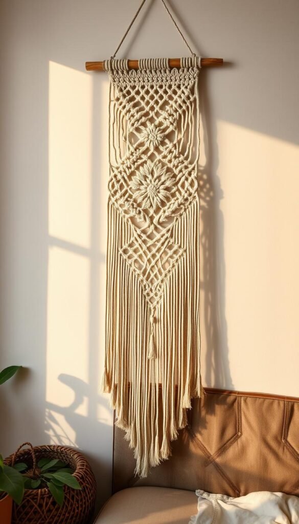 A stunning macramé wall hanging with intricate interwoven patterns and tasseled edges, suspended against a neutral boho-inspired backdrop. Soft, warm lighting casts a serene, natural glow, highlighting the textural details of the handcrafted piece. The overall composition evokes a cozy, organic ambiance, perfect for adding a touch of bohemian flair to a living room space.