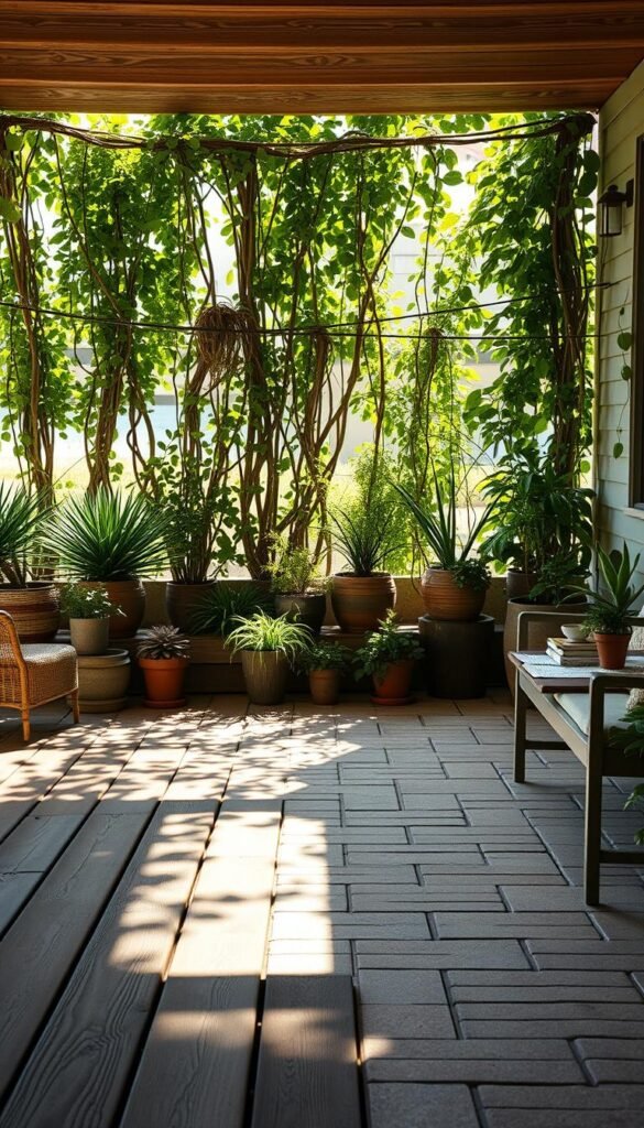 A sun-dappled patio with a variety of budget-friendly, visually appealing flooring options. In the foreground, a mix of weathered wood planks and natural stone tiles create a rustic, earthy aesthetic. In the middle ground, interlocking rubber pavers in a geometric pattern add a modern, textural element. The background features a lush, verdant backdrop of potted plants and climbing vines, casting soft shadows across the scene. The lighting is natural and diffused, creating a warm, inviting ambiance. The camera angle is slightly elevated, capturing the entire patio layout in a harmonious, visually striking composition.