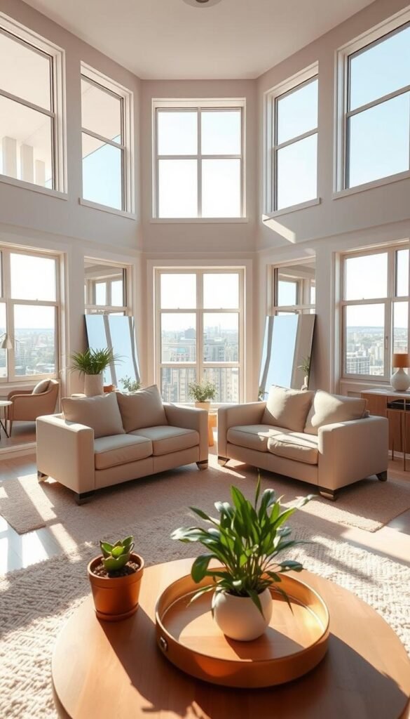A sun-drenched living room with floor-to-ceiling windows, strategically positioned mirrors reflecting natural light from multiple angles, creating a bright, airy atmosphere. The middle ground features a pair of plush, neutral-toned sofas, positioned to maximize the sense of openness. In the foreground, a minimalist coffee table and potted plants add a touch of greenery, while the background showcases a mix of warm, wooden accents and white walls, further enhancing the feeling of luminosity. The overall scene conveys a sense of tranquility and balance, with the mirrors seamlessly integrating natural light to create a welcoming, illuminated space.