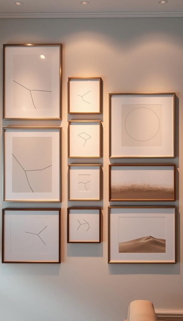 A tastefully curated gallery wall featuring a harmonious collection of minimalist abstract line art, geometric shapes, and muted tonal paintings. The frames are sleek and contemporary, with a mix of satin-finished metal and natural wood tones. Soft, indirect lighting casts a warm, inviting glow, accentuating the subtle textures and clean lines of the artwork. The compositions are thoughtfully arranged, creating a cohesive and visually striking display that complements the serene, pared-back aesthetic of the space. Subtle shadows and reflections add depth and dimension, while the overall mood is one of tranquility and refined elegance.