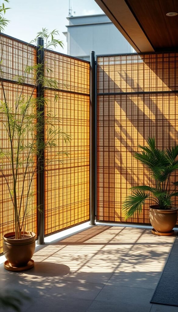 A tranquil patio oasis with elegant bamboo privacy screens, softly illuminated by warm natural light and complemented by lush potted plants. The screens create a serene, natural barrier, filtering the view and providing a sense of seclusion. Delicate bamboo stalks sway gently in a light breeze, casting mesmerizing shadows across the patio's smooth stone tiles. The overall atmosphere is one of urban retreat, a harmonious blend of indoor and outdoor spaces. The image exudes a calming, meditative quality, perfectly suited to illustrate the "Budget-Friendly Patio Decor: Transforming Outdoor Spaces" article and its "Privacy Solutions on a Budget" section.
