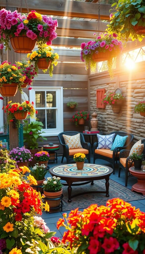 A vibrant DIY patio design, bursting with color and textural elements. In the foreground, an array of DIY planters and hanging baskets overflowing with lush, vibrantly hued flowers and greenery. In the middle ground, a cozy seating area with a DIY mosaic-topped coffee table, surrounded by colorful patio furniture and accents. The background features a mix of natural materials, like reclaimed wood and stacked stone, creating a warm, rustic ambiance. Rays of warm, golden sunshine filter through, casting a soft, inviting glow across the scene. The overall atmosphere is one of creative, budget-friendly outdoor living and relaxation.