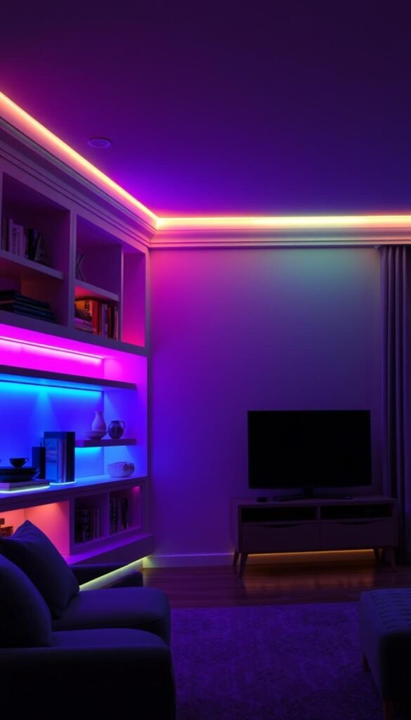 A vibrant array of color-changing LED lights elegantly illuminating a dimly lit room, creating a soothing and atmospheric mood. The LEDs are elegantly integrated into the architectural features, such as recessed shelving, cornices, and cove lighting, casting a soft, warm glow that can be adjusted to suit the desired ambiance. The room is sparsely furnished, with muted tones and natural materials, allowing the mesmerizing play of light and color to take center stage. The image conveys a sense of tranquility and relaxation, inviting the viewer to unwind and embrace the calming effects of the customizable mood lighting.