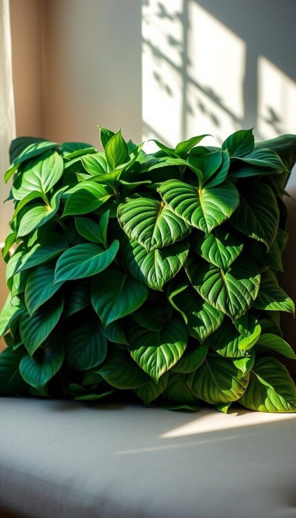 A vibrant botanical throw pillow design featuring a dense arrangement of tropical leaves in lush greens, highlighted by sun-dappled lighting and a soft, natural backdrop. The leaves are artfully layered, creating depth and texture, with varying shades and vein patterns that add visual interest. The overall composition has a handcrafted, DIY aesthetic, evoking a sense of rustic charm and organic beauty. The lighting is warm and inviting, casting gentle shadows that accentuate the pillow's dimensional quality. The image captures the essence of a unique, homemade botanical accent piece that would seamlessly integrate into a cozy, nature-inspired interior space.