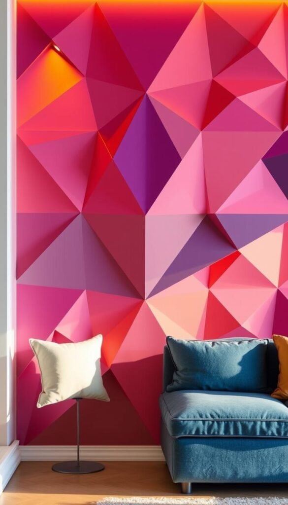 A vibrant, geometric accent wall with sharp, interlocking shapes in a harmonious color palette. The design features a captivating play of light and shadow, with each facet catching the illumination from a warm, directional light source, creating a dynamic and eye-catching display. The composition is well-balanced, with the geometric elements seamlessly integrated into the overall wall surface. The resulting image showcases a modern, visually striking accent wall that would elevate the living room's aesthetic.