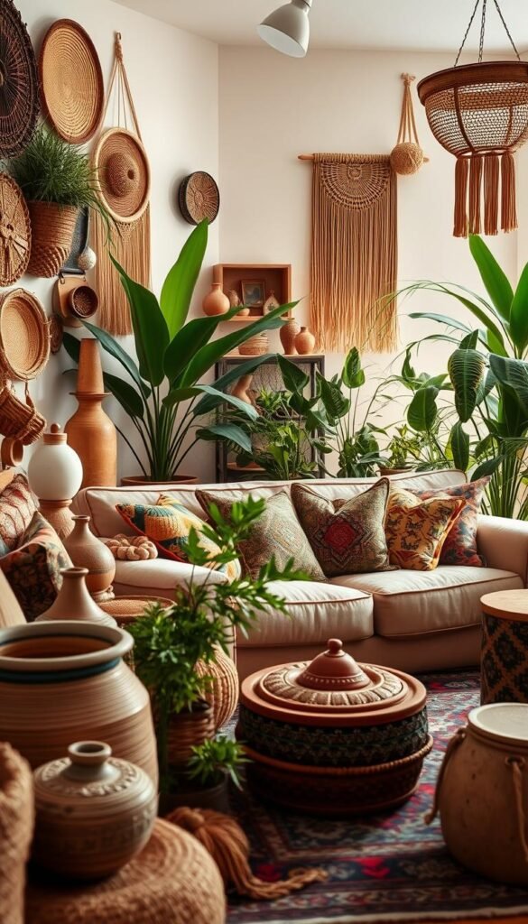 A vibrant global boho living room scene, illuminated by warm, natural lighting. In the foreground, an array of handcrafted, textured decor pieces: woven baskets, macrame wall hangings, and ethnic-inspired ceramics. The middle ground features a plush, overstuffed sofa adorned with colorful, patterned throw pillows. In the background, a mix of lush, verdant houseplants and an ornate, antique-style rug underfoot, creating a cozy, worldly ambiance. The overall composition exudes a relaxed, bohemian charm, inspiring a sense of cultural exploration and eclectic personal style.