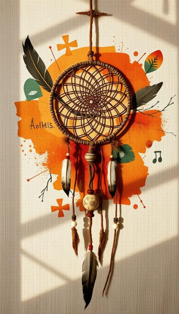 A vibrant, handcrafted boho artwork with intricate patterns and a mix of earthy tones. In the foreground, a central focal point features a dreamcatcher-inspired design with delicate feathers, macrame accents, and natural elements like leaves, twigs, and stones. The middle ground showcases abstract geometric shapes and fluid brushstrokes in warm ochres, terracotta, and muted greens, creating a harmonious composition. The background has a textured, linen-like surface, adding depth and a rustic, organic feel to the overall piece. Soft, natural lighting casts gentle shadows, highlighting the artisanal, homemade quality of the artwork. The result is a visually captivating, bohemian-inspired piece that would perfectly complement a cozy, eclectic living room.
