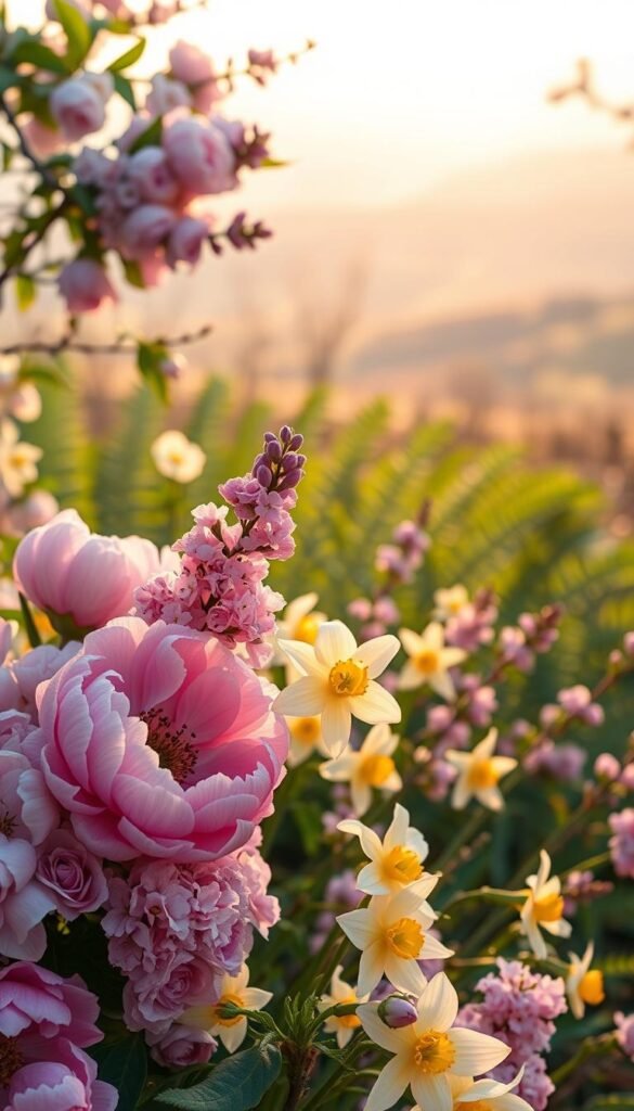 A vibrant, pastel-infused spring color palette, captured in a soft, romantic lighting. In the foreground, a harmonious arrangement of delicate flowers - pink peonies, lavender lilacs, and pale yellow daffodils, their petals gently illuminated. The middle ground features a lush, verdant backdrop of fern-like leaves and blossoming branches, creating a sense of lush abundance. In the distance, a hazy, out-of-focus landscape with rolling hills and a distant horizon, bathed in the warm glow of the spring sun. The overall atmosphere is one of tranquility, renewal, and the gentle, soothing embrace of the spring season. A vibrant, pastel-infused spring color palette, captured in a soft, romantic lighting. In the foreground, a harmonious arrangement of delicate flowers - pink peonies, lavender lilacs, and pale yellow daffodils, their petals gently illuminated. The middle ground features a lush, verdant backdrop of fern-like leaves and blossoming branches, creating a sense of lush abundance. In the distance, a hazy, out-of-focus landscape with rolling hills and a distant horizon, bathed in the warm glow of the spring sun. The overall atmosphere is one of tranquility, renewal, and the gentle, soothing embrace of the spring season.