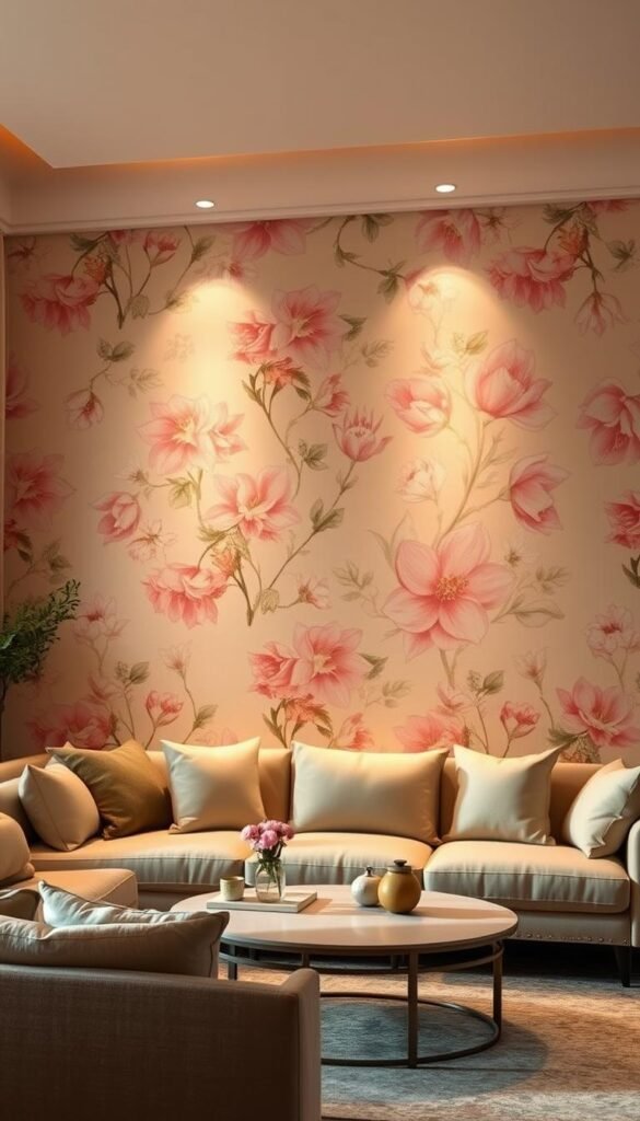 A vibrant peel-and-stick accent wall, adorned with a captivating floral wallpaper pattern. The wall is bathed in warm, diffused lighting, casting a cozy glow over the living room space. The wallpaper's intricate design features delicate blooms in a palette of soft pinks, creams, and subtle greens, creating a sense of tranquility and natural elegance. The wallpaper is effortlessly applied, seamlessly blending with the room's neutral color scheme and lending a touch of temporary yet transformative decor. The living room is filled with a mix of modern and vintage furnishings, complementing the accent wall and elevating the overall aesthetic.