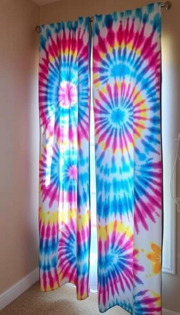 A vibrant, tie-dyed curtain design in shades of blue, pink, and yellow, hanging gracefully against a neutral wall. The intricate pattern is created through a meticulously executed DIY tie-dye technique, capturing the essence of a bohemian, carefree aesthetic. Soft, natural lighting filters through the fabric, casting a warm, inviting glow on the space. The curtains are the focal point, effortlessly transforming the room into a cozy, stylish haven with a touch of whimsy and personality.