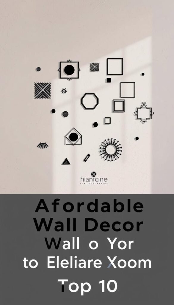 A visually striking, minimalist arrangement of removable vinyl wall decals in various geometric shapes and patterns, elegantly adorning a muted, textured off-white wall. The decals are arranged in a harmonious, dynamic composition that evokes a sense of artistic flair and effortless sophistication. Soft, diffused lighting casts gentle shadows, highlighting the dimensional quality of the decals. The overall mood is one of modern, refined simplicity, perfectly complementing the "Affordable Wall Decor to Elevate Your Living Room: Top 10" theme.