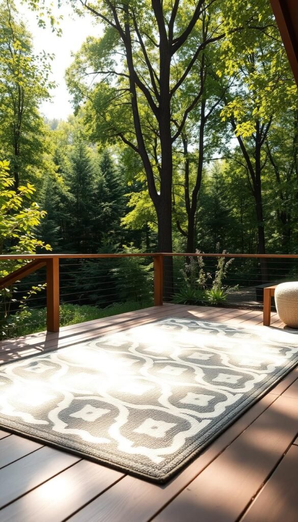 A weather-resistant, stylish outdoor rug with a classic geometric pattern, set against the backdrop of a lush, verdant garden. The rug is positioned on a well-maintained wood deck, with dappled sunlight filtering through the trees, creating a warm, inviting atmosphere. The rug's low-profile design blends seamlessly with the natural surroundings, accentuating the space's rustic charm. Soft shadows cast by the rug's intricate design add depth and dimension, while the high-quality, durable materials ensure the rug can withstand the elements. A wide-angle lens captures the scene, showcasing the rug's versatility and how it can transform an outdoor living area into a cozy, inviting oasis. A weather-resistant, stylish outdoor rug with a classic geometric pattern, set against the backdrop of a lush, verdant garden. The rug is positioned on a well-maintained wood deck, with dappled sunlight filtering through the trees, creating a warm, inviting atmosphere. The rug's low-profile design blends seamlessly with the natural surroundings, accentuating the space's rustic charm. Soft shadows cast by the rug's intricate design add depth and dimension, while the high-quality, durable materials ensure the rug can withstand the elements. A wide-angle lens captures the scene, showcasing the rug's versatility and how it can transform an outdoor living area into a cozy, inviting oasis.