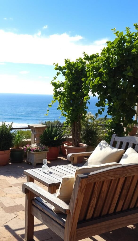 A weathered, rustic patio set stands in the foreground, its sturdy wooden frame and plush, outdoor-friendly cushions inviting relaxation. Dappled sunlight filters through the lush, verdant foliage of potted plants and trailing vines in the middle ground, creating a tranquil, nature-inspired ambiance. In the background, a panoramic view of a scenic, seaside landscape unfolds, with calming waves lapping against the shore and a clear, azure sky overhead. Captured with a wide-angle lens, this serene scene conveys the beauty and durability of weather-resistant patio furniture, perfect for enjoying the great outdoors in comfort and style. A weathered, rustic patio set stands in the foreground, its sturdy wooden frame and plush, outdoor-friendly cushions inviting relaxation. Dappled sunlight filters through the lush, verdant foliage of potted plants and trailing vines in the middle ground, creating a tranquil, nature-inspired ambiance. In the background, a panoramic view of a scenic, seaside landscape unfolds, with calming waves lapping against the shore and a clear, azure sky overhead. Captured with a wide-angle lens, this serene scene conveys the beauty and durability of weather-resistant patio furniture, perfect for enjoying the great outdoors in comfort and style.