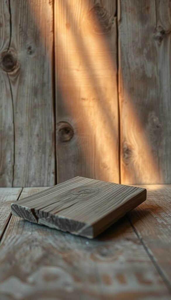 A weathered wooden plank, its surface chipped and distressed, resting against a backdrop of worn, aged wooden planks. Beams of warm, golden light cast a soft glow, creating a cozy, inviting atmosphere. Subtle imperfections and knots add character, while the muted tones and mottled textures evoke a sense of rustic charm. The composition is balanced, with the foreground plank positioned at a slight angle, drawing the eye inward. This scene captures the essence of shabby chic style, where the beauty lies in the imperfections and the timeworn aesthetic.