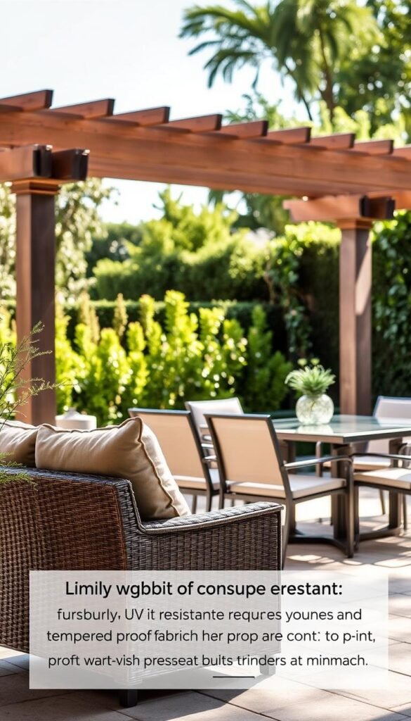 A well-crafted outdoor patio setting with durable, weather-resistant furniture. In the foreground, a sturdy, UV-resistant resin wicker loveseat with plush cushions in a neutral, earthy tone. In the middle ground, a sleek aluminum dining table with a tempered glass top, surrounded by matching chairs with weather-proof fabric. In the background, lush greenery and a wooden pergola casting gentle, natural lighting across the scene. The overall atmosphere evokes a sense of tranquility, comfort, and a space built to withstand the elements. A well-crafted outdoor patio setting with durable, weather-resistant furniture. In the foreground, a sturdy, UV-resistant resin wicker loveseat with plush cushions in a neutral, earthy tone. In the middle ground, a sleek aluminum dining table with a tempered glass top, surrounded by matching chairs with weather-proof fabric. In the background, lush greenery and a wooden pergola casting gentle, natural lighting across the scene. The overall atmosphere evokes a sense of tranquility, comfort, and a space built to withstand the elements.