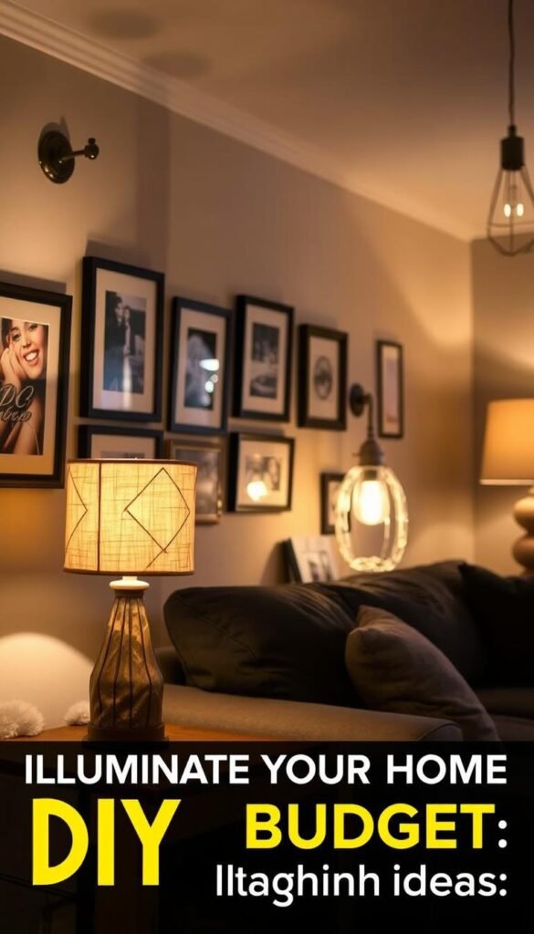 A well-lit, cozy home interior with various DIY lighting projects showcased. A rustic wooden side table features a handmade lamp with a unique, geometric fabric shade. In the background, a DIY wall-mounted light fixture casts a warm glow, illuminating a collection of framed artwork. Across the room, a hanging pendant light made from upcycled materials dangles from the ceiling. The lighting creates a inviting, budget-friendly ambiance, perfect for the "Illuminate Your Home on a Budget: Lighting Ideas" article.