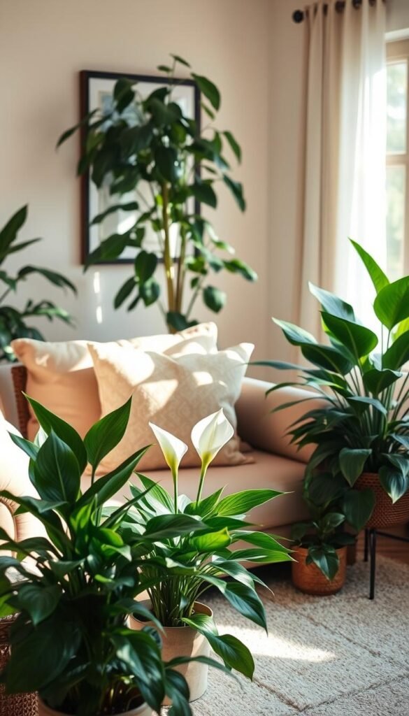 A well-lit, cozy living room interior with a selection of thriving, low-maintenance indoor plants arranged in natural, harmonious compositions. The plants should be diverse in form and color, featuring lush foliage and minimal flowers, such as pothos, snake plants, ZZ plants, and peace lilies. The plants should be positioned in the foreground and middle ground, complementing the warm, inviting atmosphere of the space, with soft, natural lighting casting a gentle glow. Avoid cluttered or overly staged arrangements, instead opting for a refined, effortless style that enhances the room's overall aesthetic. A well-lit, cozy living room interior with a selection of thriving, low-maintenance indoor plants arranged in natural, harmonious compositions. The plants should be diverse in form and color, featuring lush foliage and minimal flowers, such as pothos, snake plants, ZZ plants, and peace lilies. The plants should be positioned in the foreground and middle ground, complementing the warm, inviting atmosphere of the space, with soft, natural lighting casting a gentle glow. Avoid cluttered or overly staged arrangements, instead opting for a refined, effortless style that enhances the room's overall aesthetic.