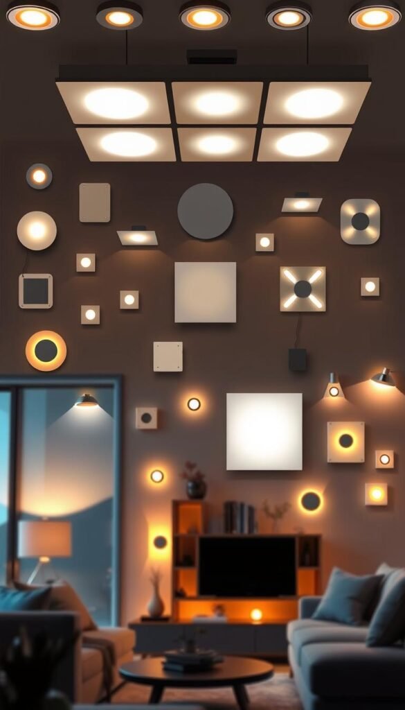 A well-lit living space with an array of modern, sleek stick-on lighting fixtures adorning the walls. The fixtures emit a warm, ambient glow, casting a cozy and inviting atmosphere throughout the room. The foreground features a diverse selection of these versatile and affordable lighting solutions, showcasing their slim profiles and seamless integration into the home decor. The middle ground depicts the fixtures installed in various configurations, highlighting their adaptability and the impact they can have on transforming a space. The background subtly suggests a comfortable, inviting living environment, emphasizing the practical and aesthetic benefits of these budget-friendly lighting options.