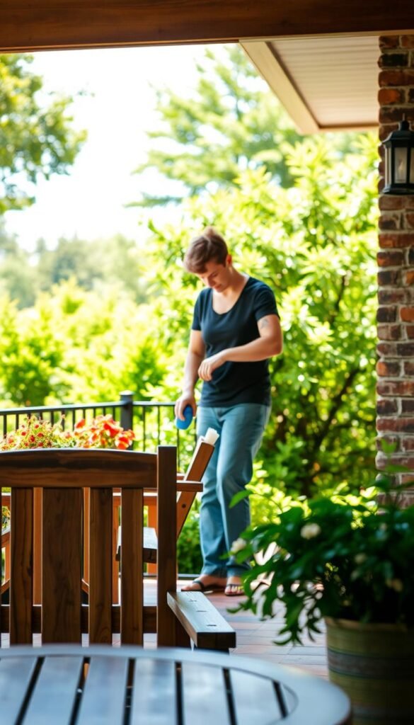 A well-lit patio scene with a wooden table, chairs, and a potted plant in the foreground. In the middle ground, a person in casual clothes carefully cleaning and maintaining the furniture using brushes, cloths, and a cleaning solution. The background features lush greenery, a sunny sky, and the edge of a brick or stone patio. The lighting is soft and natural, creating a warm, inviting atmosphere. The overall focus is on the meticulous care and attention being given to ensuring the patio furniture remains in top condition. A well-lit patio scene with a wooden table, chairs, and a potted plant in the foreground. In the middle ground, a person in casual clothes carefully cleaning and maintaining the furniture using brushes, cloths, and a cleaning solution. The background features lush greenery, a sunny sky, and the edge of a brick or stone patio. The lighting is soft and natural, creating a warm, inviting atmosphere. The overall focus is on the meticulous care and attention being given to ensuring the patio furniture remains in top condition.