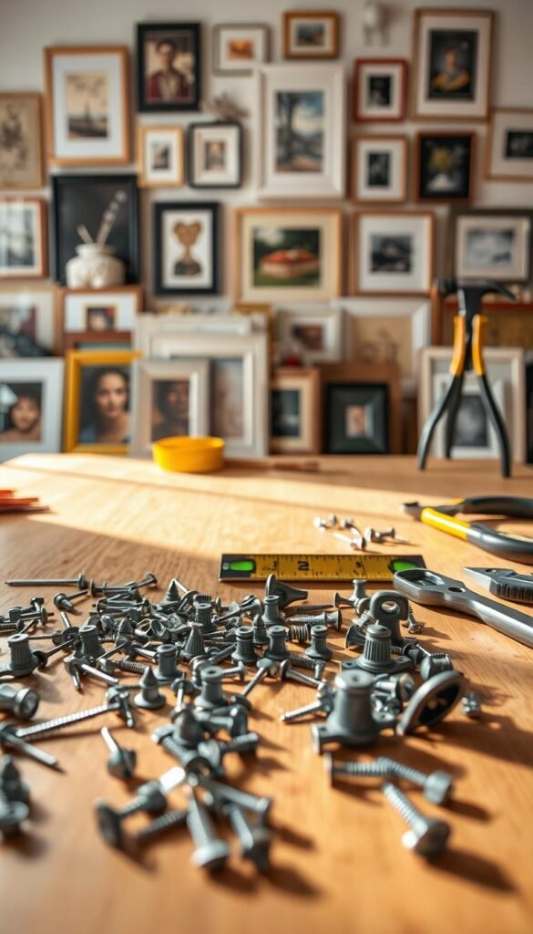 A well-lit workspace featuring an array of essential gallery wall hanging tools and hardware. In the foreground, a collection of picture hangers, nails, anchors, and level tools are neatly arranged on a wooden surface. In the middle ground, a hammer, tape measure, and pliers stand at the ready. The background showcases a variety of picture frames and artwork, hinting at the final gallery wall display. The lighting is soft and natural, casting gentle shadows that add depth and dimension to the scene. The overall atmosphere is one of organization, preparation, and the anticipation of creating a beautiful gallery wall. A well-lit workspace featuring an array of essential gallery wall hanging tools and hardware. In the foreground, a collection of picture hangers, nails, anchors, and level tools are neatly arranged on a wooden surface. In the middle ground, a hammer, tape measure, and pliers stand at the ready. The background showcases a variety of picture frames and artwork, hinting at the final gallery wall display. The lighting is soft and natural, casting gentle shadows that add depth and dimension to the scene. The overall atmosphere is one of organization, preparation, and the anticipation of creating a beautiful gallery wall.