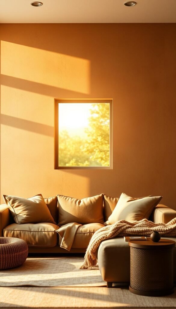 An earthy tone accent wall in a cozy living room, bathed in warm, natural lighting. The wall features a subtle texture, with gentle brushstrokes in muted shades of ochre, terracotta, and taupe. The lighting casts soft shadows, creating depth and dimension. The wall serves as a calming, grounding backdrop, complementing the plush, neutral-toned furnishings and inviting atmosphere. A large window in the middle ground allows golden sunlight to pour in, casting a serene, tranquil glow throughout the space. The overall scene evokes a sense of comfort, relaxation, and a harmonious blend of natural elements. An earthy tone accent wall in a cozy living room, bathed in warm, natural lighting. The wall features a subtle texture, with gentle brushstrokes in muted shades of ochre, terracotta, and taupe. The lighting casts soft shadows, creating depth and dimension. The wall serves as a calming, grounding backdrop, complementing the plush, neutral-toned furnishings and inviting atmosphere. A large window in the middle ground allows golden sunlight to pour in, casting a serene, tranquil glow throughout the space. The overall scene evokes a sense of comfort, relaxation, and a harmonious blend of natural elements.
