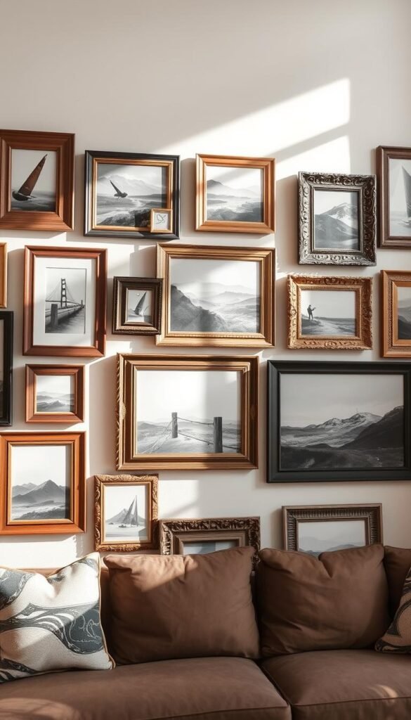 An eclectic gallery wall with a variety of wood, metal, and ornate frames in mixed sizes and styles, artfully arranged on a plain white wall. Soft natural lighting illuminates the frames, casting gentle shadows and highlighting the varied textures. The frames hold an assortment of abstract art, landscape paintings, and black-and-white photography, creating a visually captivating and budget-friendly display. The overall composition is balanced and harmonious, drawing the eye to the diverse collection of artwork. The resulting image should convey a sense of affordable sophistication and personal style. An eclectic gallery wall with a variety of wood, metal, and ornate frames in mixed sizes and styles, artfully arranged on a plain white wall. Soft natural lighting illuminates the frames, casting gentle shadows and highlighting the varied textures. The frames hold an assortment of abstract art, landscape paintings, and black-and-white photography, creating a visually captivating and budget-friendly display. The overall composition is balanced and harmonious, drawing the eye to the diverse collection of artwork. The resulting image should convey a sense of affordable sophistication and personal style.