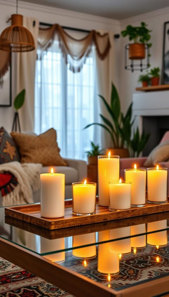 An image of Glass Battery-Operated LED Flameless Candles placed on a coffee table in a boho living room. An image of Glass Battery-Operated LED Flameless Candles placed on a coffee table in a boho living room.