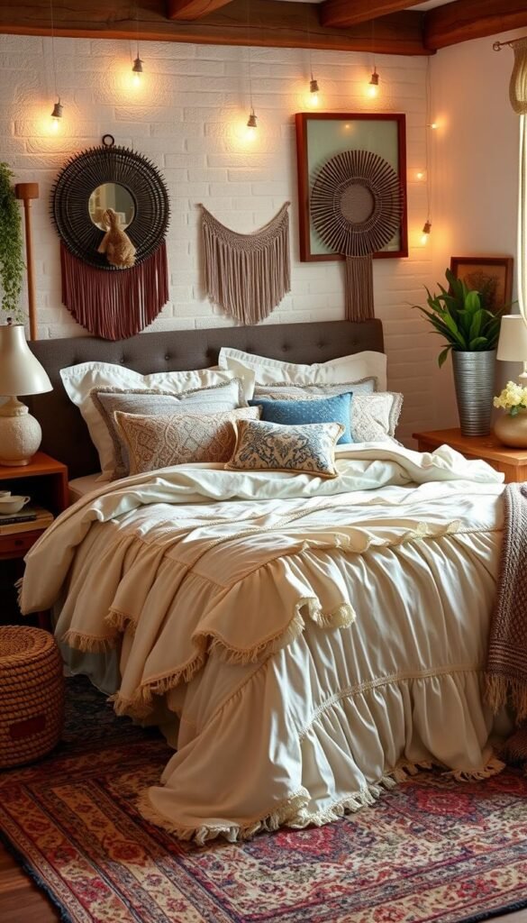 An image of Lush Decor Reyna Ruffle Comforter Set on a bed in a bohemian-inspired bedroom. An image of Lush Decor Reyna Ruffle Comforter Set on a bed in a bohemian-inspired bedroom.
