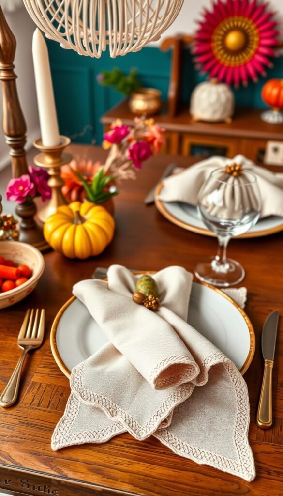 An image of Ridhi Scalloped Cloth Napkins Set in a bohemian-themed dining setting. An image of Ridhi Scalloped Cloth Napkins Set in a bohemian-themed dining setting.