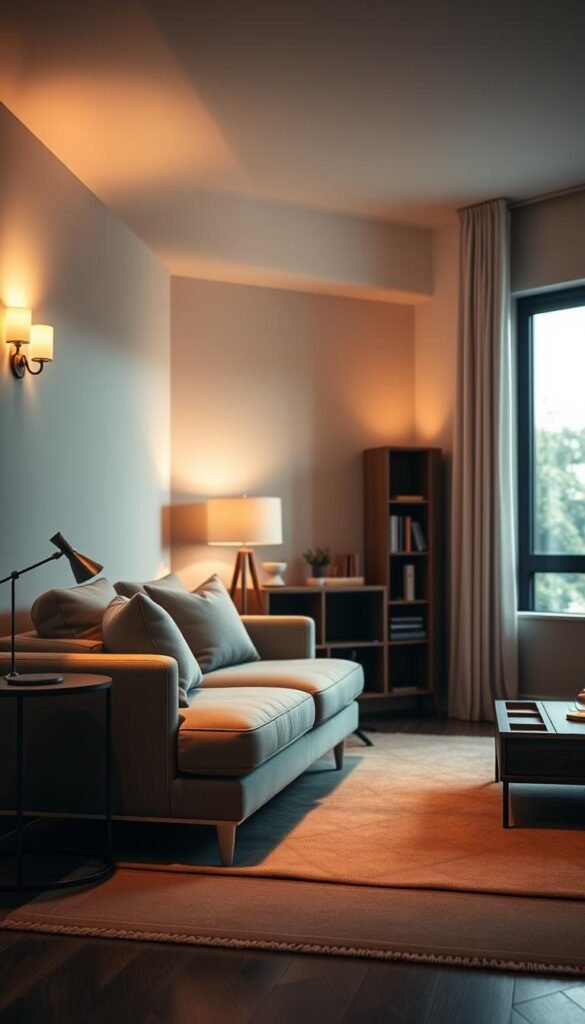 An intimate, well-lit living room with compact, multifunctional furniture perfectly suited for a small space. In the foreground, a sleek, modern loveseat with clean lines and plush upholstery. A compact end table with a minimalist lamp stands beside it. In the middle ground, a small but versatile coffee table with hidden storage compartments. Behind, a slim bookshelf or storage unit maximizes vertical space. Soft, warm lighting from wall sconces and a large window creates a cozy, inviting atmosphere. The room is decorated with subtle, neutral tones and natural materials like wood and textiles, reflecting a sense of comfort and practicality.