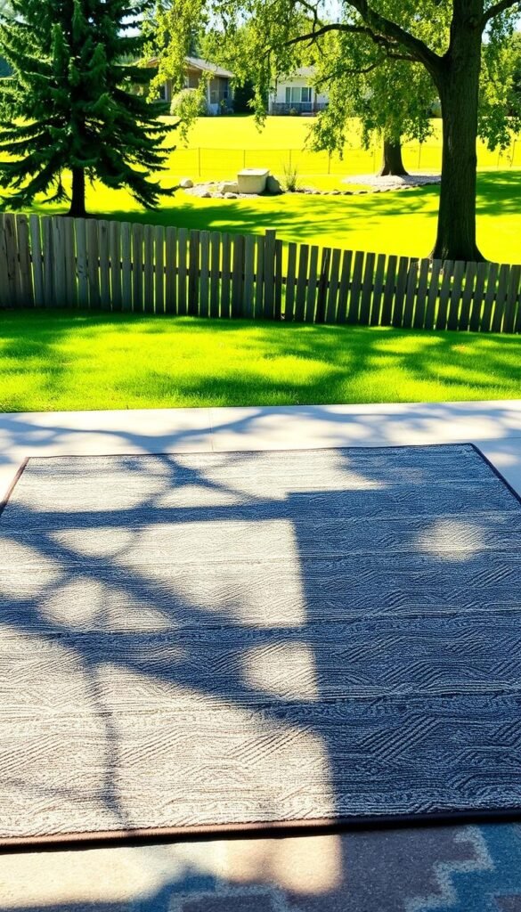 An outdoor rug made of durable, weather-resistant materials, like polypropylene or polyester, sits on a patio overlooking a lush green lawn. The rug's intricate, geometric pattern casts interesting shadows in the warm, afternoon sunlight, creating a cozy and inviting atmosphere. In the background, a weathered wooden fence and towering trees add to the natural, earthy ambiance. The rug's vibrant colors, such as deep blues, earthy greens, and warm neutrals, complement the outdoor environment, making it a perfect addition to any patio or deck. The image is captured from a slightly elevated angle, highlighting the rug's texture and design in sharp focus. An outdoor rug made of durable, weather-resistant materials, like polypropylene or polyester, sits on a patio overlooking a lush green lawn. The rug's intricate, geometric pattern casts interesting shadows in the warm, afternoon sunlight, creating a cozy and inviting atmosphere. In the background, a weathered wooden fence and towering trees add to the natural, earthy ambiance. The rug's vibrant colors, such as deep blues, earthy greens, and warm neutrals, complement the outdoor environment, making it a perfect addition to any patio or deck. The image is captured from a slightly elevated angle, highlighting the rug's texture and design in sharp focus.