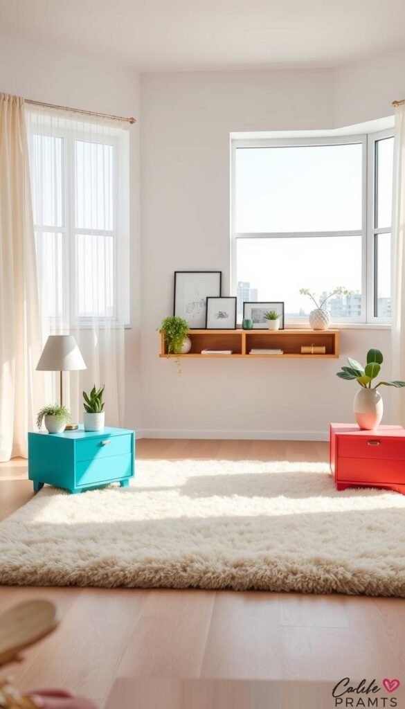 Colorful bedside tables in a bright, airy bedroom. In the foreground, a pair of modern, geometric nightstands in vibrant shades of turquoise and coral, topped with decorative lamps and potted plants. The middle ground features a plush, cream-colored rug and a large, bay window with sheer curtains, allowing natural light to flood the space. In the background, a neutral-toned wall with a minimalist, floating wooden shelf displaying a collection of framed artwork and decorative objects. The overall scene has a warm, inviting atmosphere, with a focus on creating a visually interesting and harmonious composition. Colorful bedside tables in a bright, airy bedroom. In the foreground, a pair of modern, geometric nightstands in vibrant shades of turquoise and coral, topped with decorative lamps and potted plants. The middle ground features a plush, cream-colored rug and a large, bay window with sheer curtains, allowing natural light to flood the space. In the background, a neutral-toned wall with a minimalist, floating wooden shelf displaying a collection of framed artwork and decorative objects. The overall scene has a warm, inviting atmosphere, with a focus on creating a visually interesting and harmonious composition.