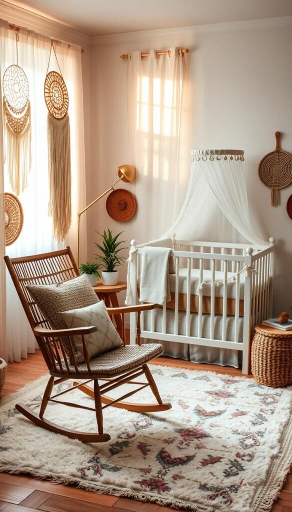 Cozy boho nursery, warm afternoon light filtering through sheer curtains. Plush area rug, macrame wall hangings, and woven baskets create a serene, earthy ambiance. Rocking chair with boho-inspired cushions in the foreground, wooden side table with potted plants. In the background, a whitewashed crib adorned with sheer canopy and neutral-toned bedding. Brass floor lamp casts a soft glow, complementing the natural wood accents throughout the space. Soft textures, muted colors, and a touch of rustic charm come together to form a cozy, inviting boho nursery retreat.