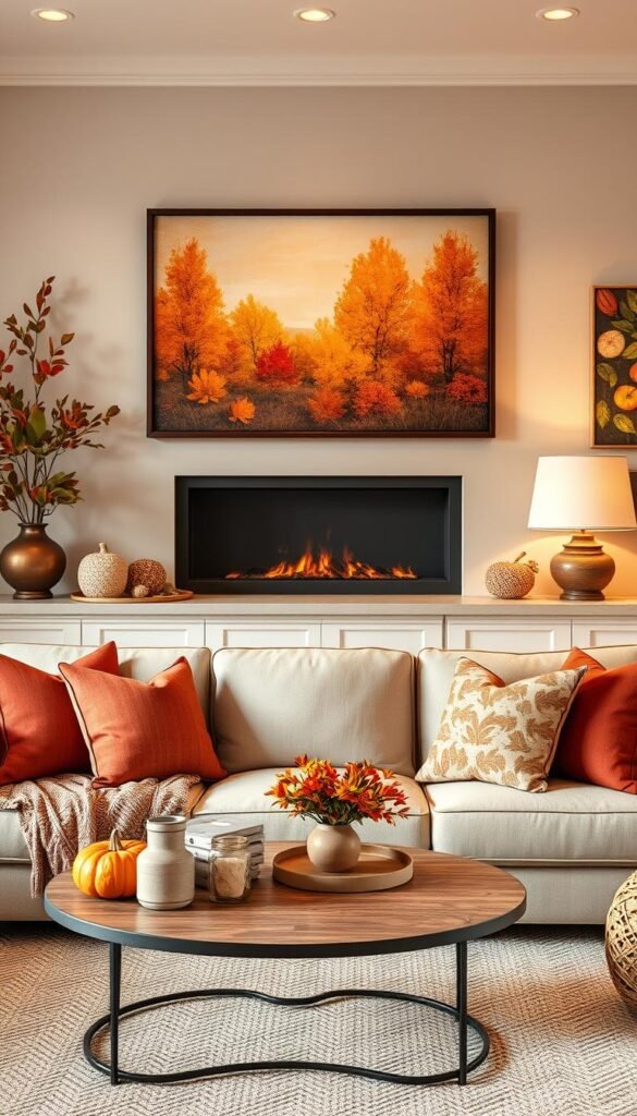Create an image of a beautifully decorated living room with autumn-inspired wall art and decorative accents.