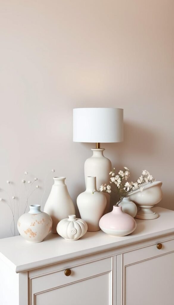 Create an image of a console table styled with pastel elements, including ceramic vessels and a table lamp. Create an image of a console table styled with pastel elements, including ceramic vessels and a table lamp.