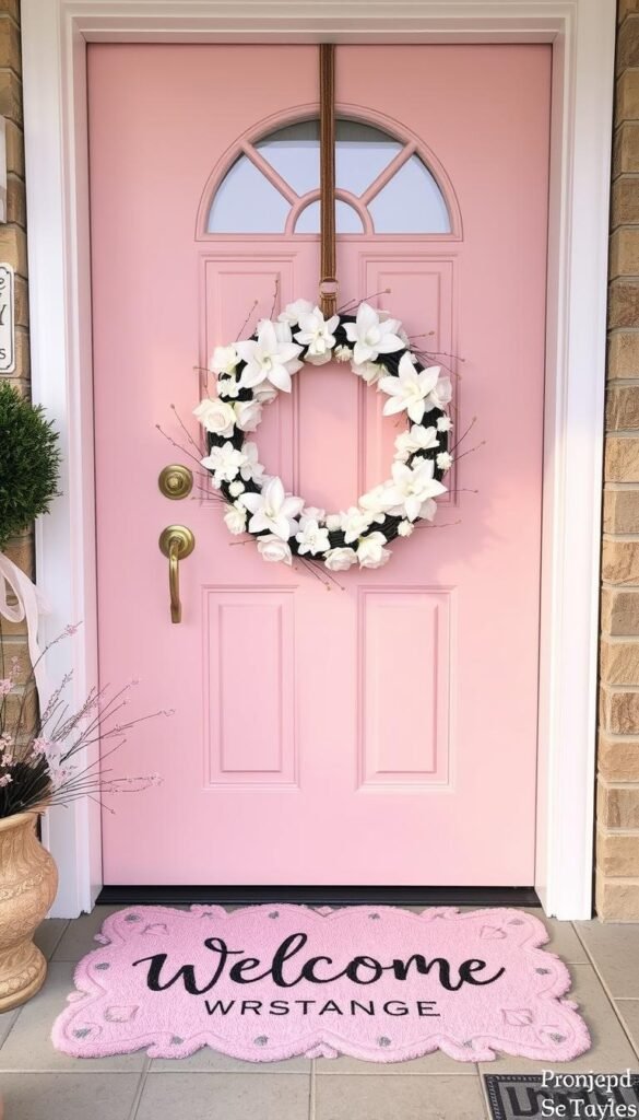 Create an image of a pastel-colored door wreath with a matching welcome mat. Create an image of a pastel-colored door wreath with a matching welcome mat.