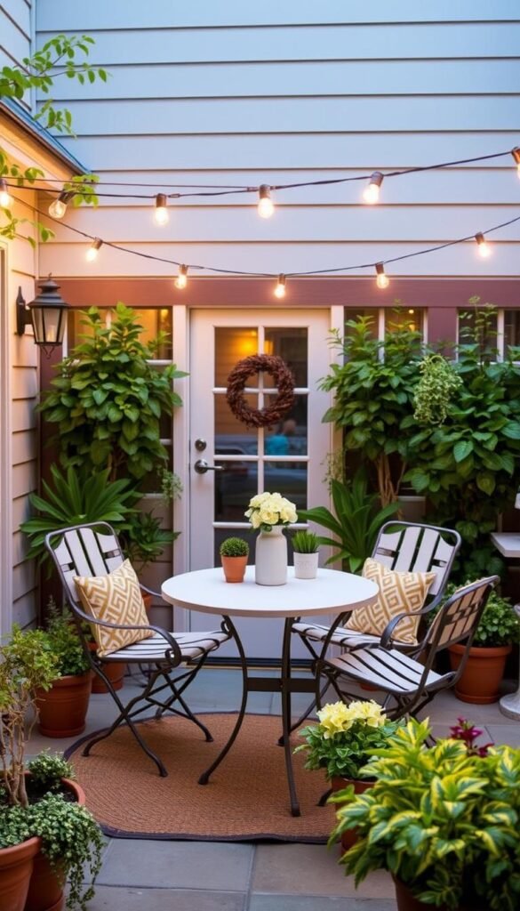 Generate an image of The Pioneer Woman Bistro Set in a small patio setting. Generate an image of The Pioneer Woman Bistro Set in a small patio setting.