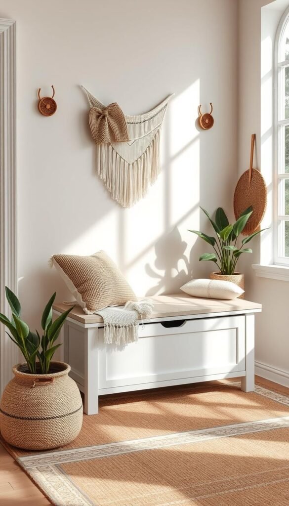 Generate an image of a Deolme White Storage Bench in a cozy bohemian corner. Generate an image of a Deolme White Storage Bench in a cozy bohemian corner.