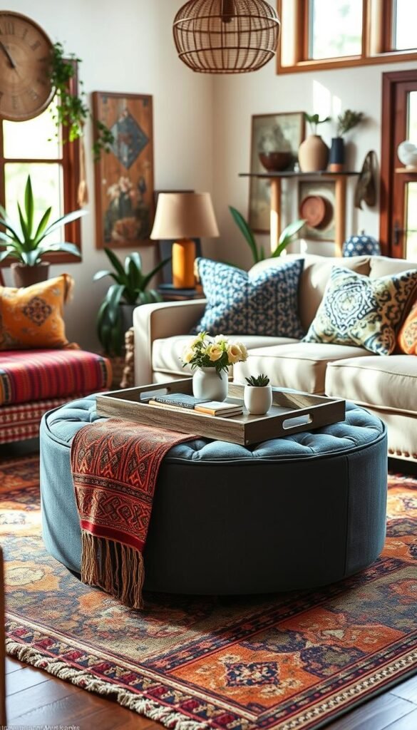 Generate an image of a Lawrence Round Storage Ottoman with Tray Lid in a bohemian living room setting. Generate an image of a Lawrence Round Storage Ottoman with Tray Lid in a bohemian living room setting.