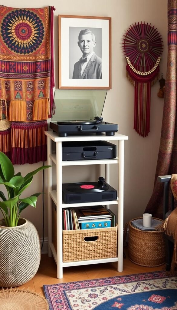 Generate an image of a Record Player Stand with 3-Tier Vinyl Storage in a bohemian-inspired music corner. Generate an image of a Record Player Stand with 3-Tier Vinyl Storage in a bohemian-inspired music corner.