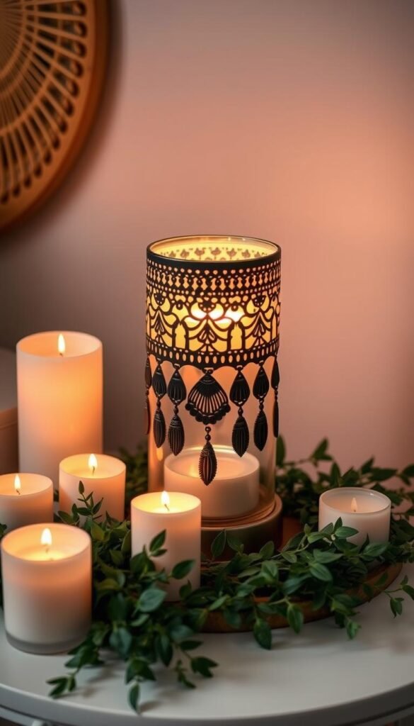 Generate an image of a candle warmer lamp with a decorative bohemian design, placed on a side table with a few candles and some greenery around it. Generate an image of a candle warmer lamp with a decorative bohemian design, placed on a side table with a few candles and some greenery around it.